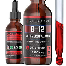 Load image into Gallery viewer, VitBoost Vegan Liquid B-12 Drops – 60 x 5000 mcg Extra Strength Raspberry Flavored Vitamin B12 Liquid Methylcobalamin sublingual Supplement | Designed to Maximize Absorption &amp; Energy | Gluten Free
