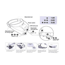 Load image into Gallery viewer, ProsKit MA-016 Personal Headband Magnifier 1.8X 2.6X 5.8X Glass Loupe,Golden Blue, with LED Light 3 Separated Lens Magnifying Tool
