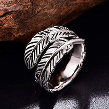 Load image into Gallery viewer, AVECON 925 Sterling Silver Adjustable Feather Ring Vintage Statement Leaf Ring for Women Men
