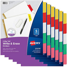 Load image into Gallery viewer, Avery 5-Tab Binder Dividers, Write &amp; Erase Multicolor Big Tabs, 6 Sets (23076)
