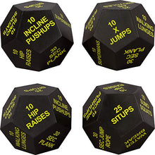 Load image into Gallery viewer, Juliet Paige Exercise Dice Cube for Fitness, Workouts, Crossfit WOD at Home, Cardio, HIIT, and Sports with Exercise Illustration Booklet (Bright Green, Light Blue, and Light Grey)
