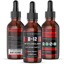 Load image into Gallery viewer, VitBoost Vegan Liquid B-12 Drops – 60 x 5000 mcg Extra Strength Raspberry Flavored Vitamin B12 Liquid Methylcobalamin sublingual Supplement | Designed to Maximize Absorption &amp; Energy | Gluten Free

