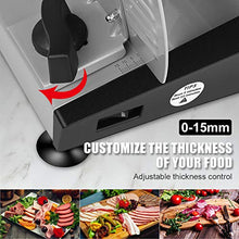 Load image into Gallery viewer, Meat Slicers Electric, Food Deli Slicers with Two 7.5” Serrated Stainless Steel Blade Upgrade Precisely Cuts Meat, Cheese, Bread, Fruit &amp; Veggies, Adjustable Thickness Dial, Non-Slip Feet (2 Blade)
