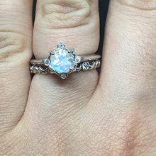 Load image into Gallery viewer, Moonstone Engagement Ring Set - Solid 0.925 Sterling Silver 14K White Rose Yellow Gold Natural Rainbow Moonstone Genuine Diamond Bridal Sets - Vintage Victorian Inspired Engagement Ring Matching Band
