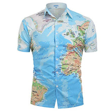 Load image into Gallery viewer, Cool1980s Mens World Map Print Stylish Button Down Short Sleeve Shirt &amp; Printing Shirt Top Blouse (Blue, XXL)
