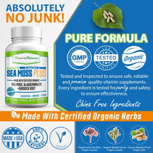 Load image into Gallery viewer, Power By Naturals Certified Organic Sea Moss Plus Supplements with Wildcrafted Irish Sea Moss, Bladderwrack, and Burdock Root, Pure Sea Moss Supplement, Vegan, No Fillers, 60 SeaMoss Powder Capsules
