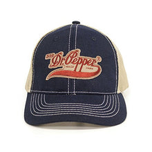 Load image into Gallery viewer, Tee Luv Drink Dr Pepper Hat | Vintage Trucker Style hat | Snap Back Closure | Medium Crown Navy, Beige

