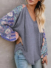 Load image into Gallery viewer, Beyove Women's Print Patchwork Shirts Color Block Long Puff Sleeve Loose Tops Grey
