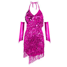 Load image into Gallery viewer, YiZYiF Women's Halter Neck Latin Salsa Tango Ballroom Dance Costume Tassels Sequins Dress Rose One Size
