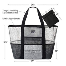 Load image into Gallery viewer, SoHo, Mesh Beach Bag - Toy Tote Bag - Large Lightweight Market, Grocery &amp; Picnic Tote with Oversized Pockets (Black/White)
