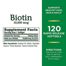 Load image into Gallery viewer, Nature’s Bounty Biotin, Supports Healthy Hair, Skin and Nails, 10000 mcg, Rapid Release Softgels, 120 Ct
