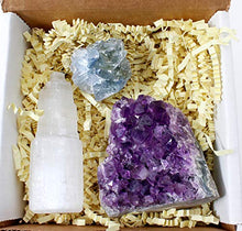 Load image into Gallery viewer, Dancing Bear Amethyst Cluster Cut Base (up to ½ lb), Celestite, Selenite Tower (3" Tall), Healing Crystal (3 Pc Set) Premium Grade A, Bohemian Home Décor, Natural Good Vibes, Metaphysical Info Cards
