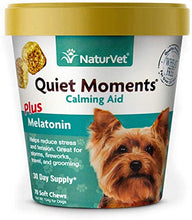 Load image into Gallery viewer, NaturVet Quiet Moments Calming Aid Dog Supplement – Helps Promote Relaxation, Reduce Stress, Storm Anxiety, Motion Sickness for Dogs – Tasty Pet Soft Chews with Melatonin – 70 Ct.
