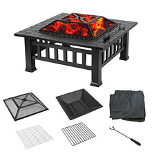 Load image into Gallery viewer, HEMBOR 32'' Outdoor Fire Pit Table, Multi-Purpose Square Fireplace, Backyard Patio Garden Outside Wood Burning Heater, BBQ, Ice Pit, with BBQ Frames&amp;Waterproof Cover, Suitable for Party, Picnic, Camp
