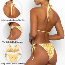 Load image into Gallery viewer, Women's Two Piece Bikini Swimsuit Set Floral Padded Top Tie Side Triangle Thong Bathing Suit Yellow
