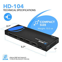 Load image into Gallery viewer, 4K 1x4 HDMI Splitter by OREI - 1 Port to 4 HDMI Display Duplicate/Mirror - Powered Splitter Ver 1.4 Certified for Full HD 1080P High Resolution &amp; 3D Support (One Input To Four Outputs) - HD-104 Black
