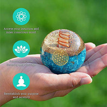 Load image into Gallery viewer, Orgonite Crystal Blue Aquamarine Crystal Ball with Stand for Positive Energy, E-emission Protection and Chakra Balancing –with Flower of Life Symbol to Promote Purpose, Serenity and Courage
