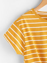 Load image into Gallery viewer, ROMWE Women's Knot Front Long Sleeve Striped Crop Top Tee T-shirt, Yellow &amp; White, Small / US 0-2
