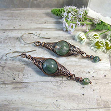 Load image into Gallery viewer, Green Moss Agate Copper Wire Wrapped Boho Dangle Earrings with Sterling Earwires - Unique Handmade Jewelry for Women
