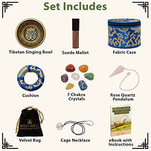 Load image into Gallery viewer, Tibetan Singing Bowl Set ~ 7 Chakra Crystal Stones and Rose Quartz Pendulum ~ Easy to Play with Fabric Case, Cushion, and Mallet ~ For Meditation, Yoga, Spiritual Healing, and Mindfulness
