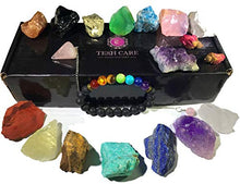 Load image into Gallery viewer, Tesh Care Chakra Therapy Starter Collection 17 pcs Healing Crystals kit, 7 Raw Chakra Stones,7 Colorful Gemstones, Amethyst,Rose Quartz Pendulum,Chakra Lava Bracelet,Dry Roses,Guide,COA,Gift Ready
