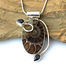 Load image into Gallery viewer, Authentic Well-Preserved AMMONITE Fossil and Black Onyx Gemstones, 925 Sterling Silver, Designer Pendant (1.5" Long) Jewelry with FREE Silver Chain.

