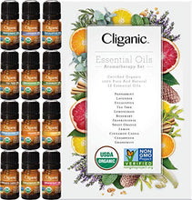 Load image into Gallery viewer, Cliganic USDA Organic Aromatherapy TOP 12 Essential Oils Set, 100% Pure - Peppermint, Lavender, Eucalyptus, Tea Tree, Lemongrass, Rosemary, Frankincense, Orange, Lemon, Cassia, Cedarwood &amp; Grapefruit
