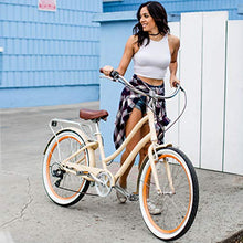 Load image into Gallery viewer, sixthreezero EVRYjourney Women's 7-Speed Step-Through Hybrid Cruiser Bicycle, 26" Wheels with 17.5" Frame, Cream with Brown Seat and Grips, Model:630034

