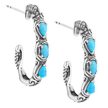 Load image into Gallery viewer, Carolyn Pollack Sterling Silver Blue Turquoise Gemstone 3 Stone Hoop Earrings
