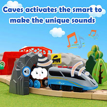 Load image into Gallery viewer, Battery Operated Action Locomotive Train &amp; 10 Pcs Wooden Train Track &amp; 2 Smart Action Tunnels - 13 Piece Train Toy with Accessories and Wooden Tracks
