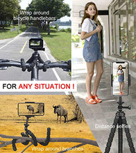 Load image into Gallery viewer, Phone Tripod, Flexible Tripod, Upgrade 4-Axis Angle Adjustment, Unique 360° Rotating Holder, Sturdy Octopus-Style Legs, and Wireless Remote Shutter for iPhone, Android Phone, DSLR Camera, and GoPro.
