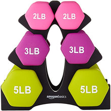 Load image into Gallery viewer, AmazonBasics Neoprene Workout Dumbbell Hand Weights, 20 Pounds Total, Pink/Purple/Green - 3 Pairs (2-Lb, 3-Lb, 5-Lb) &amp; Weight Rack

