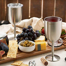 Load image into Gallery viewer, FineDine Premium Grade 18/8 Stainless Steel Wine Glasses 12 Oz. Double-Walled Insulated Unbreakable Goblets (Set of 2) Stemmed Wine Glass BPA-Free Leak Resistant Lid for Red White Wine, Brushed Metal
