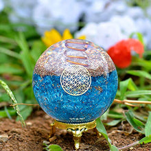 Load image into Gallery viewer, Orgonite Crystal Blue Aquamarine Crystal Ball with Stand for Positive Energy, E-emission Protection and Chakra Balancing –with Flower of Life Symbol to Promote Purpose, Serenity and Courage

