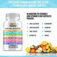 Load image into Gallery viewer, Immune Support with Quercetin Zinc 50mg Vitamin C 1000mg Vitamin D 5000 IU and Elderberry Turmeric Ginger for Adults Kids - 8 in 1 Vit D3 Immunity Defense Booster Supplement Vegan Friendly Made in USA
