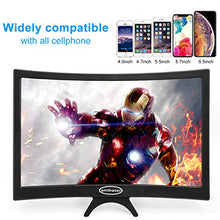Load image into Gallery viewer, 12'' Curved Screen Magnifier Cell Phone 3D HD Anti-Blue Light Amplifier Projector Screen Enlarger for Movies, Videos, and Gaming, Foldable Phone Stand Compatible with iPhone and Android All Cellphones
