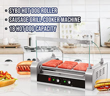 Load image into Gallery viewer, SYBO Hot Dog Roller, 18 Hot Dog 7 Roller Grill Cooker Machine with Removable Stainless Steel Drip Tray and Glass Hood Cover, 1000-Watts, OT-R3-8
