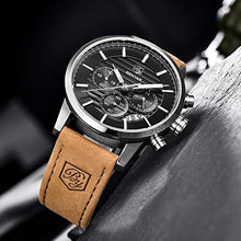 Load image into Gallery viewer, BENYAR Chronograph Waterproof Watches Business and Sport Design Black Leather Band Strap Wrist Watch for Men (Brown Silver Black B)
