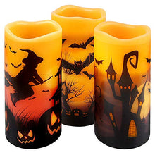Load image into Gallery viewer, Halloween Flickering Flameless Candles - Battery Operated LED Real Wax Candles with 6 Hours Timer - Bats, Castle, Witch LED Flickering Candles for Halloween Christmas Wedding Party Decor, Pack of 3
