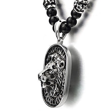 Load image into Gallery viewer, COOLSTEELANDBEYOND Gothic Style Mens Black Onyx Beads Necklace with Stainless Steel Lion Head Shield Pendant
