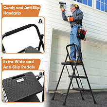 Load image into Gallery viewer, HBTower 3 Step Ladder, Folding Step Stool with Wide Anti-Slip Pedal, 500lbs Sturdy Steel Ladder, Convenient Handgrip, Lightweight, Portable Steel Step Stool, Black
