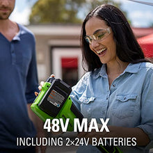 Load image into Gallery viewer, Greenworks 48V 15" Cordless String Trimmer, (2) 2.0Ah USB Batteries (USB Hub) and Dual Port Rapid Charger Included (2 x 24V)

