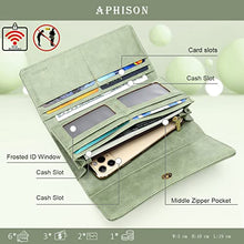Load image into Gallery viewer, APHISON Womens Wallets RFID Blocking PU Leather Clutch Long Wallet for Women Card Holder Phone Organizer Ladies Travel Purse Hollow Out Sunflower Design Gift Box 2214GREEN

