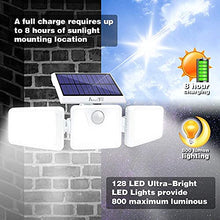 Load image into Gallery viewer, Bundle - 2 Pack Black LED Solar Motion Sensor Lights &amp; 2 Pack White LED Solar Motion Sensor Lights; 128 LED 800LM, 3 Adjustable Heads, 270° Wide Angle Illumination, IP65 Waterproof
