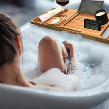 Load image into Gallery viewer, Luxury Bath Caddy Tray for Tub | Bath Table | Premium Bamboo Bathtub Tray for Tub | Fits All Bath Accessories Wine Glass, Books, Tablets, Cellphones, Shampoo, Soap | Bath Shelf Foldable Design
