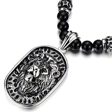 Load image into Gallery viewer, COOLSTEELANDBEYOND Gothic Style Mens Black Onyx Beads Necklace with Stainless Steel Lion Head Shield Pendant
