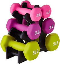 Load image into Gallery viewer, AmazonBasics Neoprene Workout Dumbbell Hand Weights, 20 Pounds Total, Pink/Purple/Green - 3 Pairs (2-Lb, 3-Lb, 5-Lb) &amp; Weight Rack

