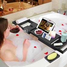 Load image into Gallery viewer, Bamboo Bathtub Caddy Tray Expandable for Luxury Bath,Bath Accessories &amp; Table with Wine Glass Holder,Book Stand Bathroom Organizer with Extending Sides for Men/Women,Free Soap Holder (Black)
