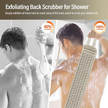 Load image into Gallery viewer, Suntee Exfoliating Back Scrubber for Shower, 3 PCS Loofah Back Scrubber with Exfoliating Glove and Sponge Pad Set, Long Deep Clean Back Washer Bath Shower Scrubber for Men and Women (36.5*4.5 inch)

