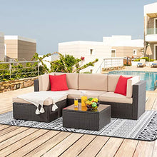 Load image into Gallery viewer, Shintenchi 5 Pieces Patio Furniture Sets Outdoor All-Weather Sectional Patio Sofa Set PE Rattan Manual Weaving Wicker Patio Conversation Set with Glass Table&amp;Ottoman Cushion and Red Pillows (Brown)
